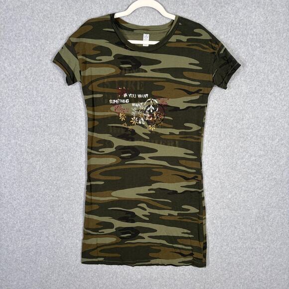 Alternative Apparel Camo Dress Small Stretch Peace Flowers Army Grunge Indie - Picture 1 of 12